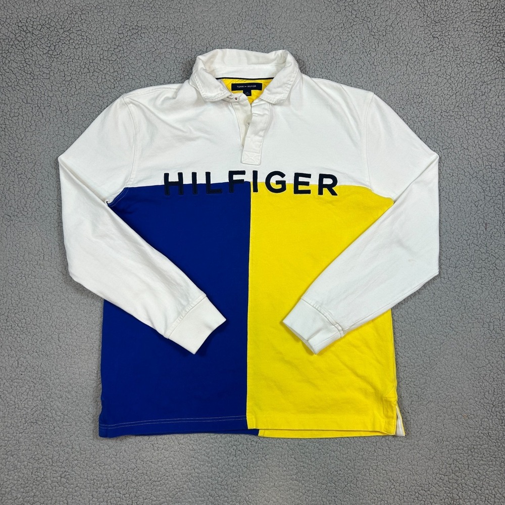 Vtg Tommy Hilfiger Logo SPELLOUT Blue Yellow COLOR BLOCK Polo Rugby Shirt‎ Large